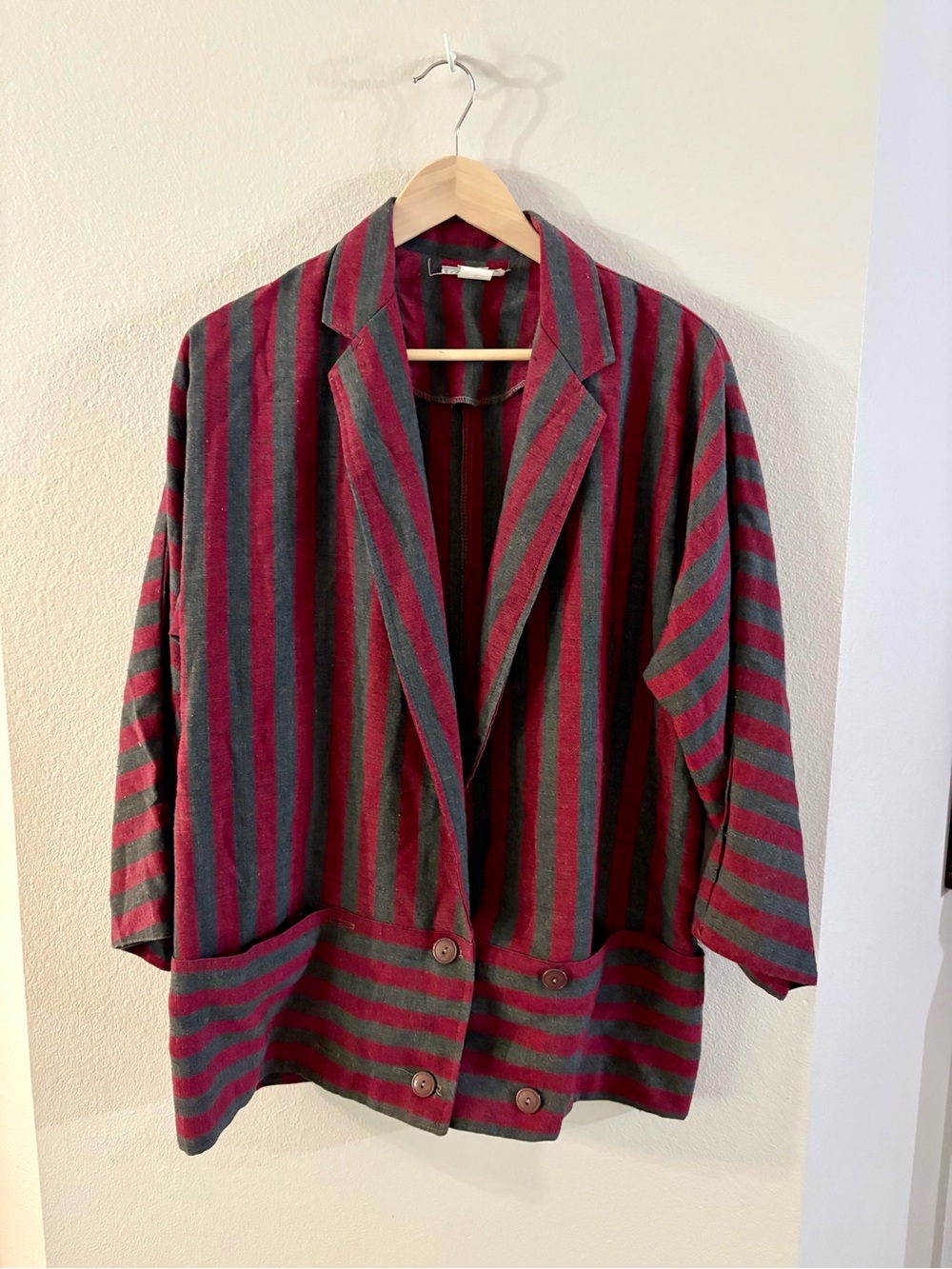 Vintage Roe Frocks Striped Linen-Blend Summer Barn Coat Burgundy and Gray 11-12